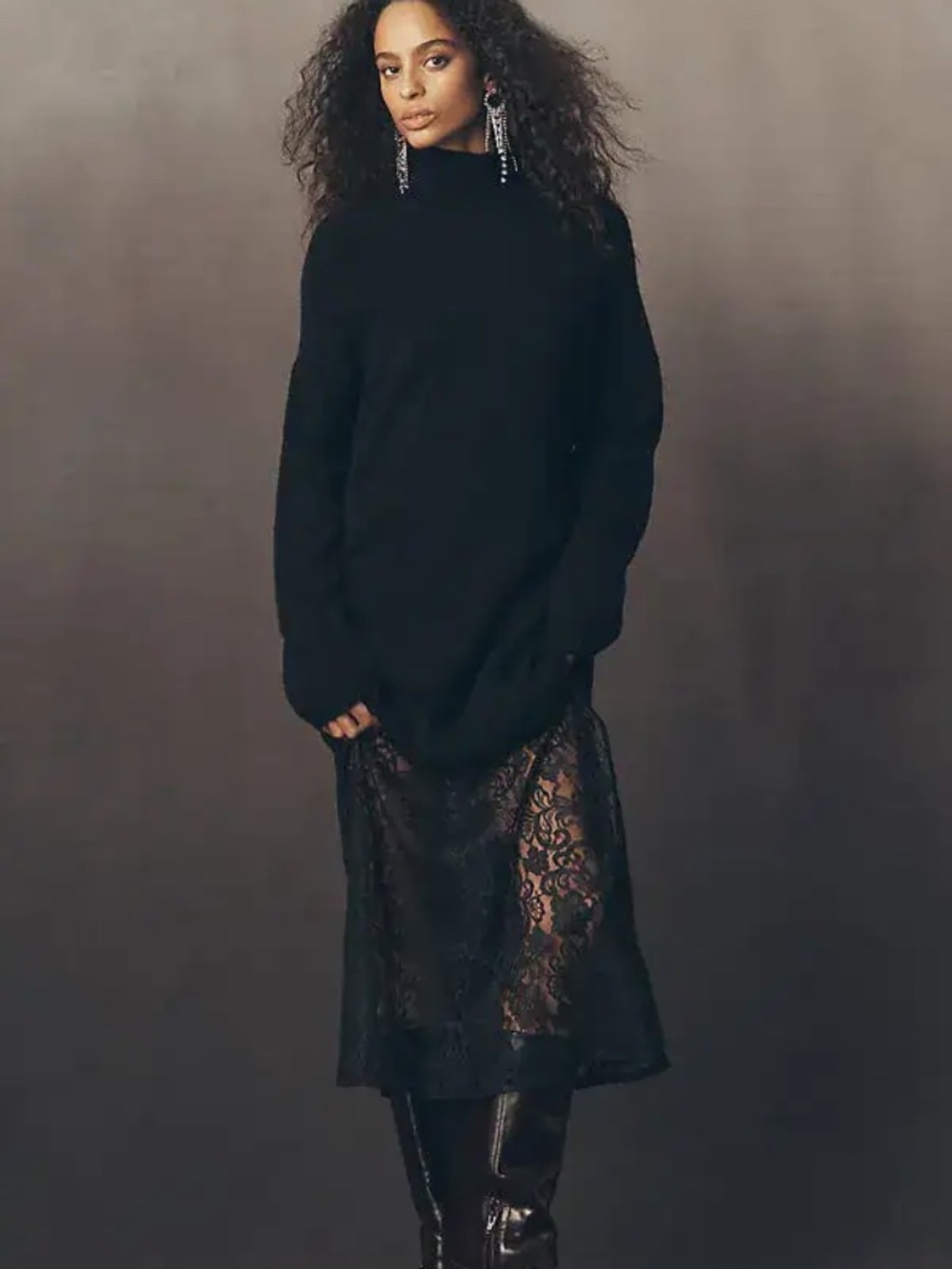 By Anthropologie Sweater Lace Twofer Midi Dress in BLACK ONYX NWT